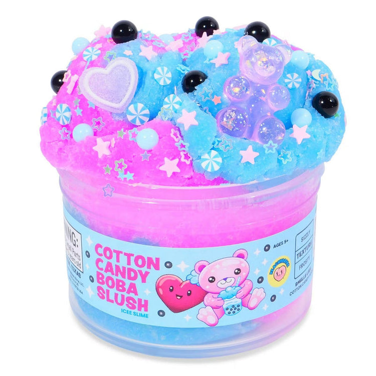 Cotton Candy Boba Slush icee slime in pink and blue with decorative charms and beads