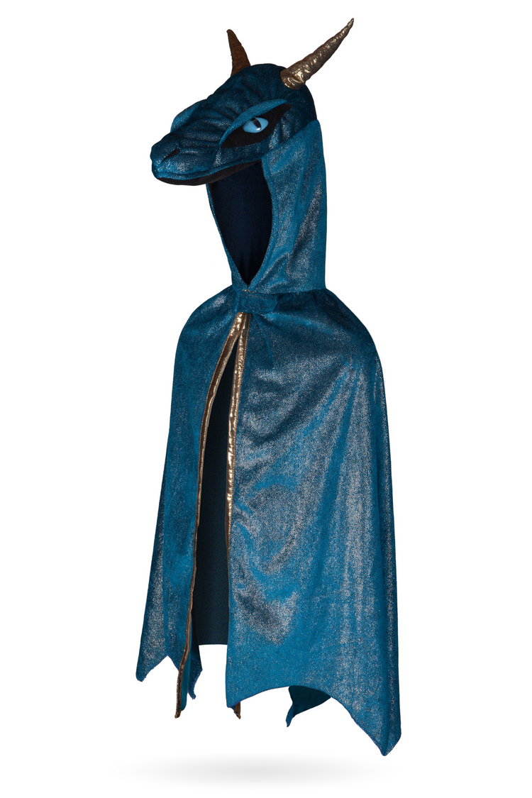 Children's teal and gold shimmer dragon cape with sculpted hood featuring horns and blue eye