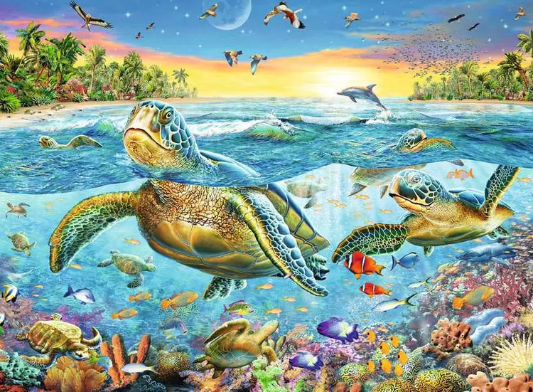 Vibrant underwater scene with sea turtles, tropical fish, coral reef, dolphins, and tropical island shoreline
