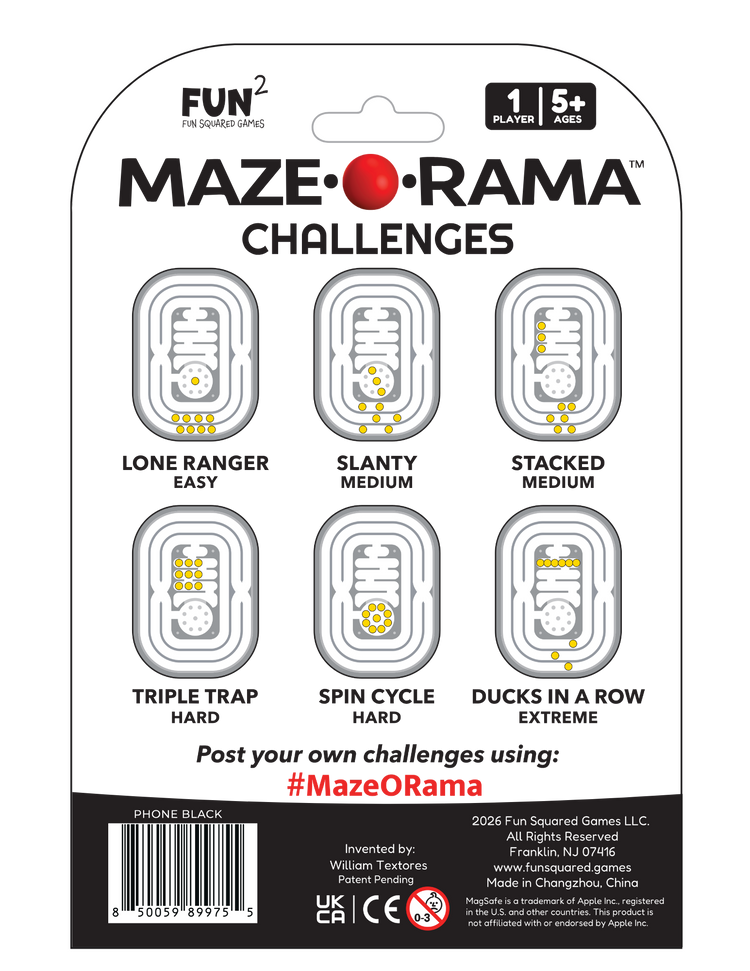 Maze-O-Rama Challenges packaging showing six difficulty levels with yellow ball positions on black maze board
