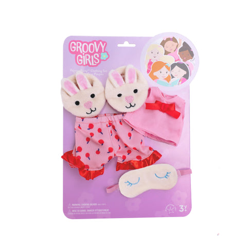 Groovy Girls Pajama Party doll clothing set with bunny slippers, polka dot shorts, pink top, and sleep mask