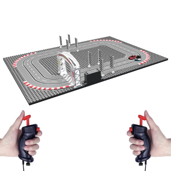 Turbo City small slot car racing track set with two wired hand controllers for two players