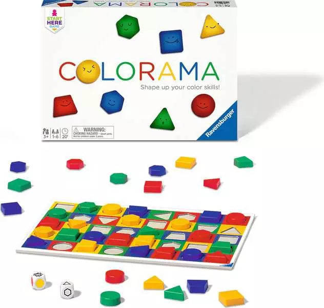 Colorama board game by Ravensburger showing box, game board, colorful shape pieces, and dice
