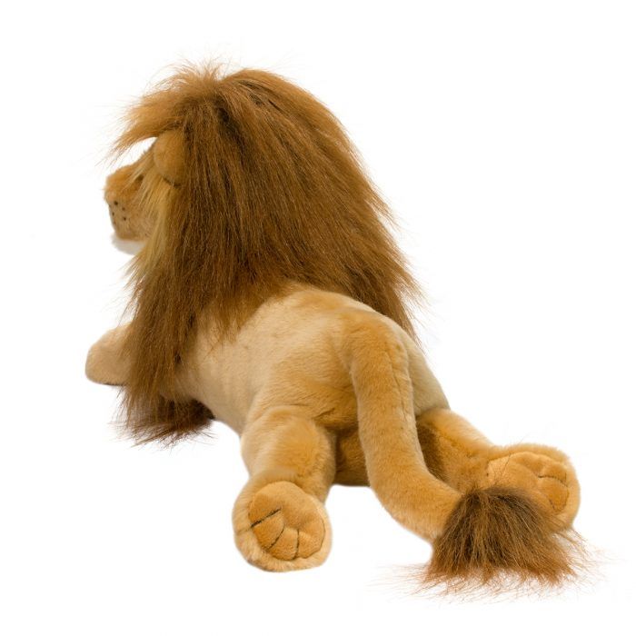 Zeus Lion plush stuffed animal with fluffy brown mane lying down on white background