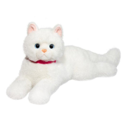White plush cat toy with blue eyes, pink collar, lying down on white background