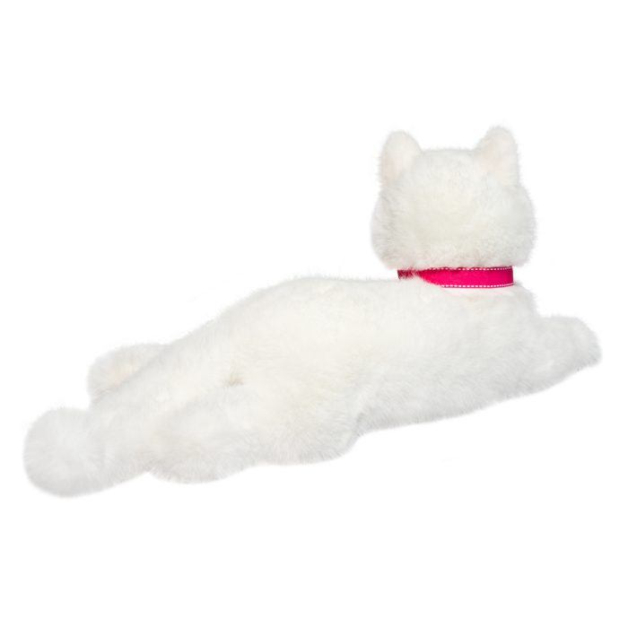 White plush cat toy lying down with pink collar, rear view on white background