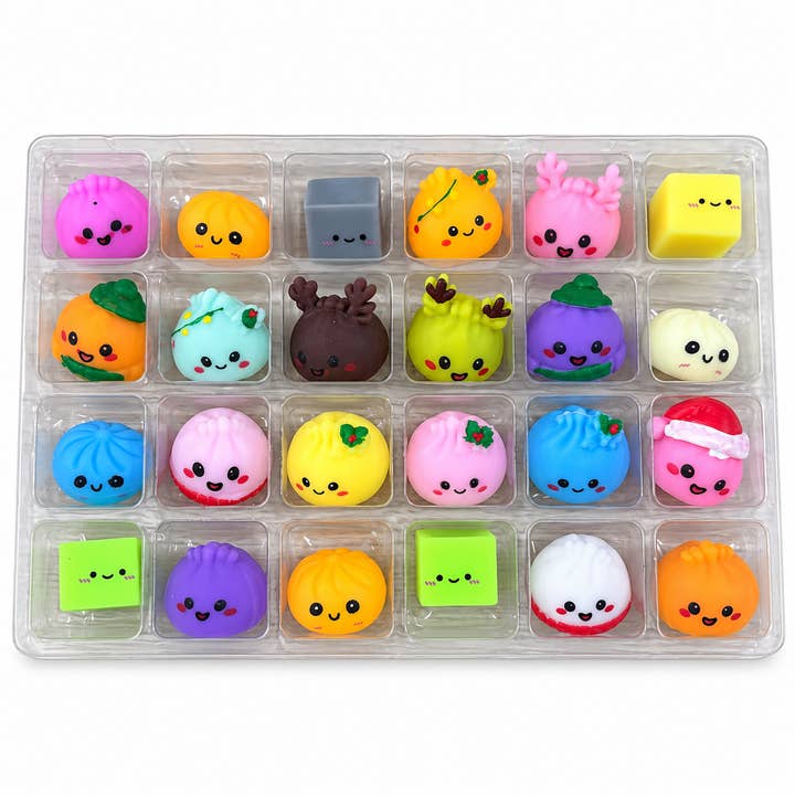 24-piece advent calendar set of colorful emoji dumpling figurines in clear plastic tray
