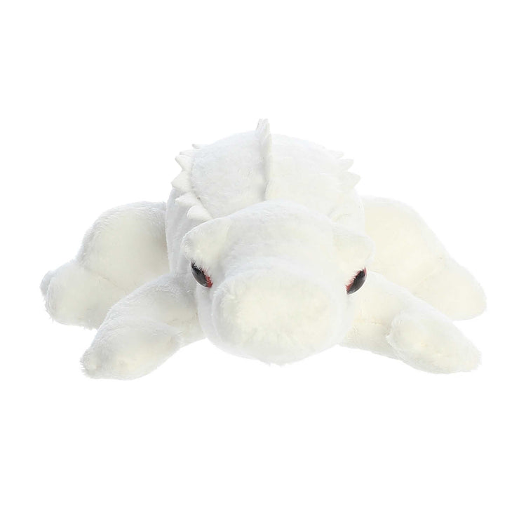 White albino alligator stuffed plush toy lying flat with dark red eyes