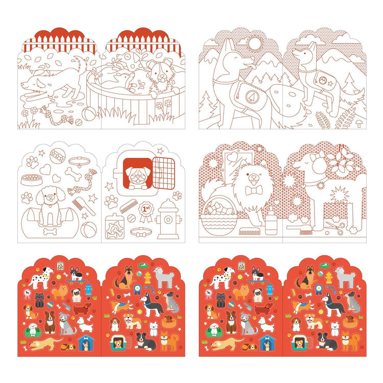 Dog-themed coloring book pages and sticker sheets featuring various illustrated dog breeds in red and white.