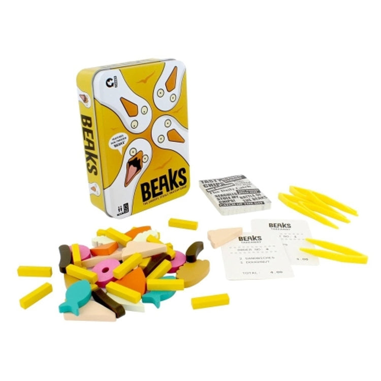 Beaks board game tin with seagull graphics, wooden food pieces, cards, and yellow chip tokens