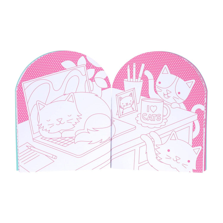 Open cat-themed coloring book with pink polka dot background showing cats at a desk scene
