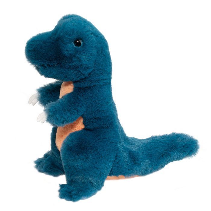 Blue teal T-Rex plush stuffed animal toy with tan belly sitting upright