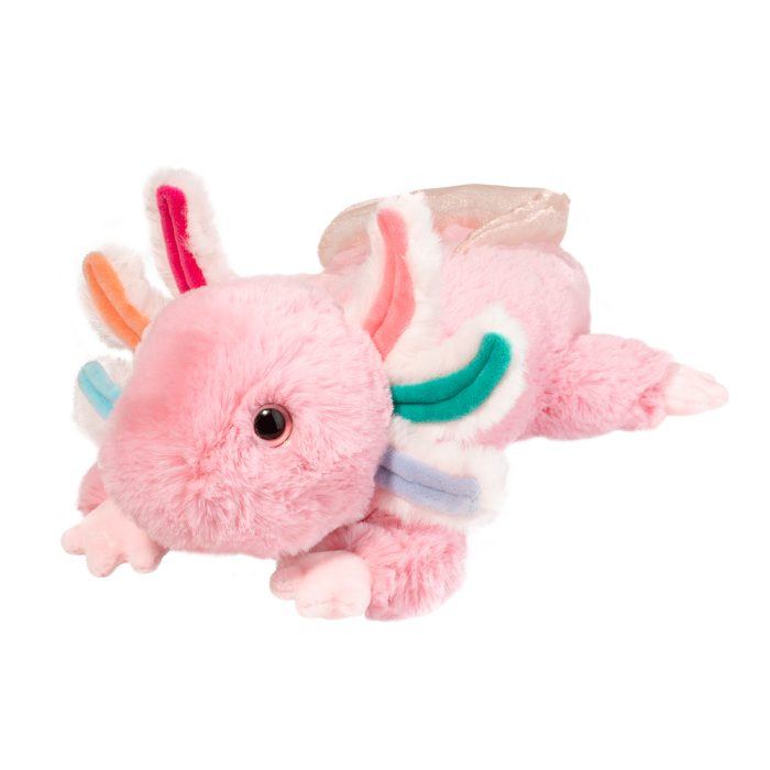 Pink plush axolotl stuffed animal with colorful rainbow gills and iridescent back fins