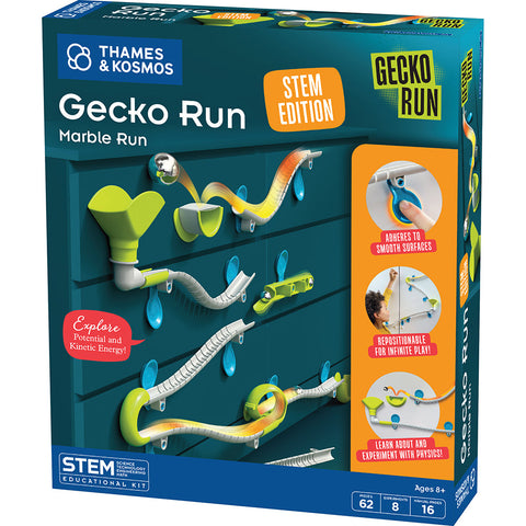 Thames & Kosmos Gecko Run Marble Run STEM Edition box showing wall-mounted marble track with 62 pieces