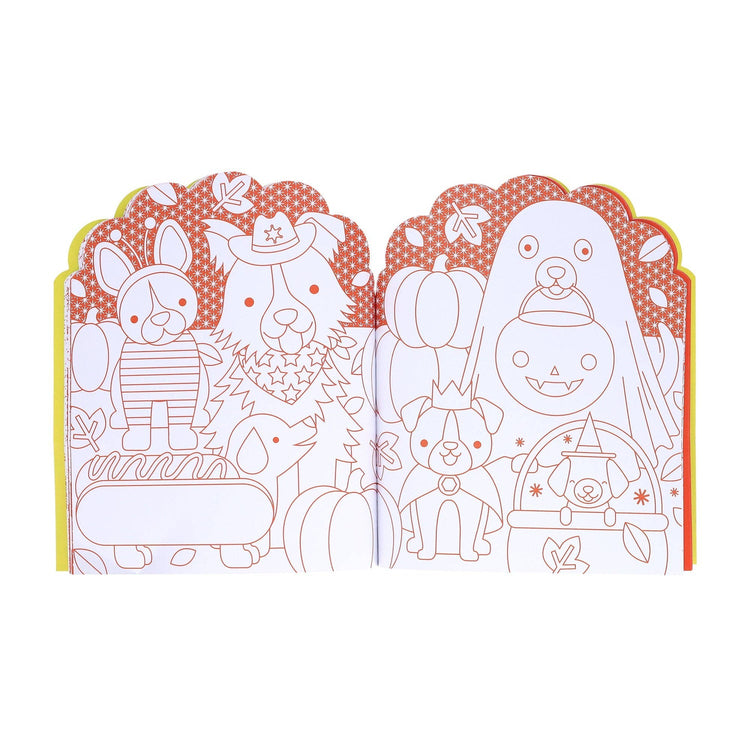 Open Halloween-themed dog coloring book showing dogs in costumes with pumpkins, printed in red and white.
