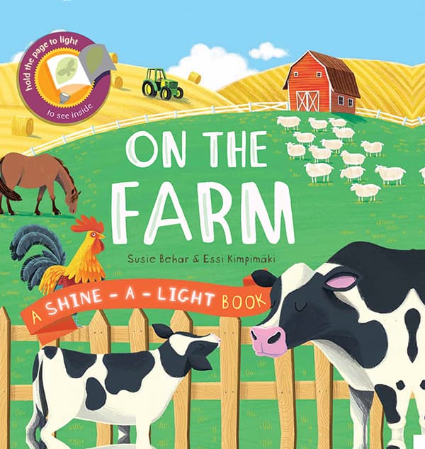 On the Farm Shine-a-Light children's book cover featuring cows, horse, rooster, sheep, and barn