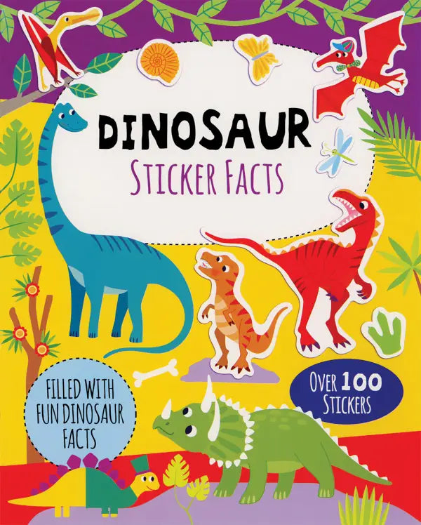 Dinosaur Sticker Facts book cover featuring colorful dinosaur stickers and tropical jungle background
