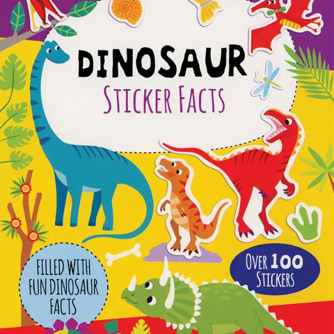 Dinosaur Sticker Facts book cover featuring colorful dinosaur stickers and tropical jungle background