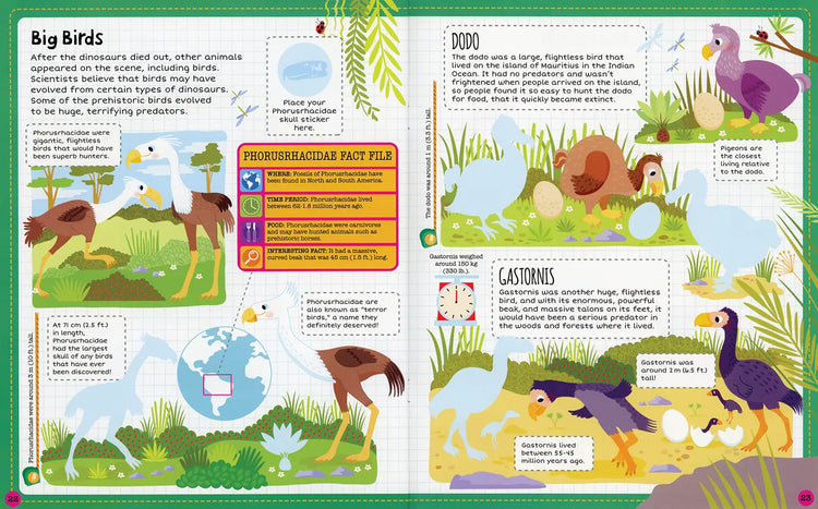 Interior spread of Sticker Facts Dinosaurs book showing Big Birds section with prehistoric bird facts
