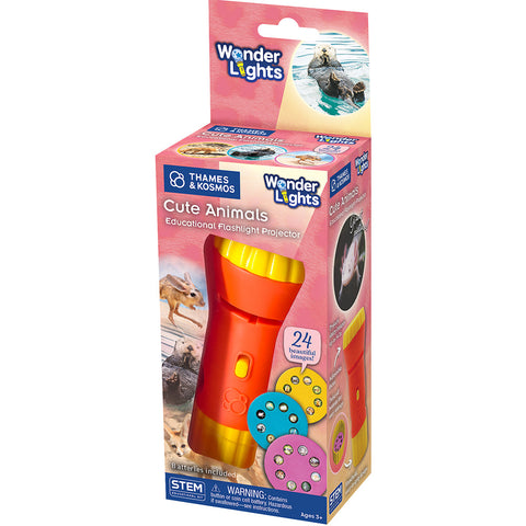 Thames & Kosmos Wonder Lights Cute Animals Educational Flashlight Projector in red and yellow with pink packaging