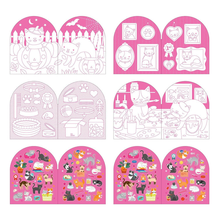 Cat-themed coloring book pages with stickers featuring Halloween, portrait, and art scenes in pink