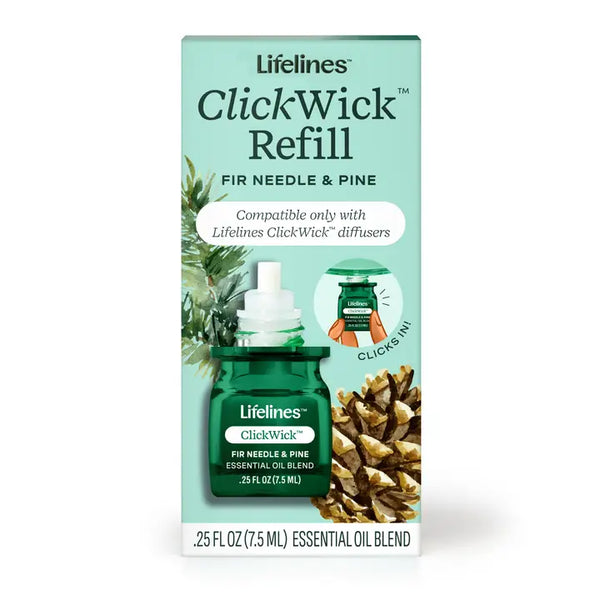 Lifelines ClickWick Fir Needle and Pine essential oil refill 0.25 fl oz bottle in green packaging