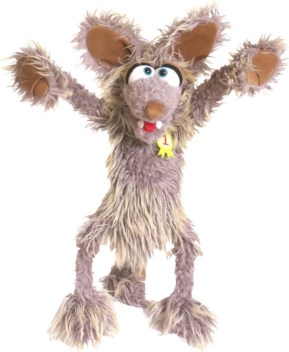Living Puppets Artie 27-inch shaggy gray rat puppet with arms raised and number one ribbon