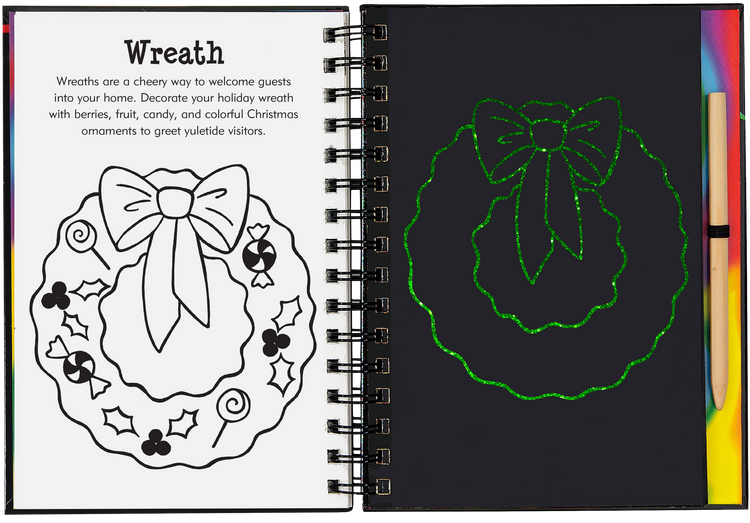 Open Scratch and Sketch Merry Christmas book showing wreath coloring page and glitter scratch art side