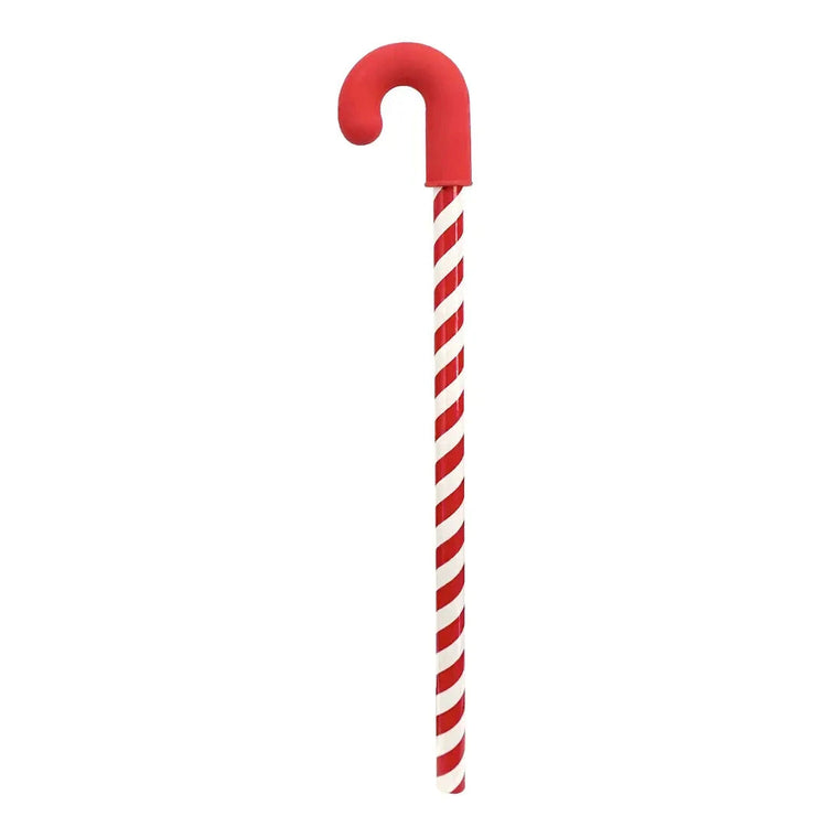 Red and white striped candy cane shaped holiday pencil with curved red top handle