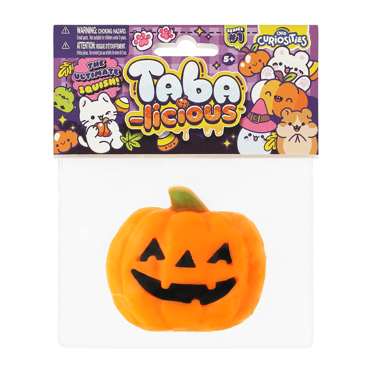 Taba-licious Halloween jack-o-lantern squish toy in clear packaging by ORB Curiosities