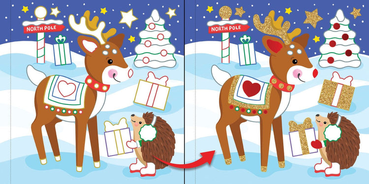 Spot the difference puzzle showing reindeer and hedgehog with Christmas gifts before and after foil stickers applied