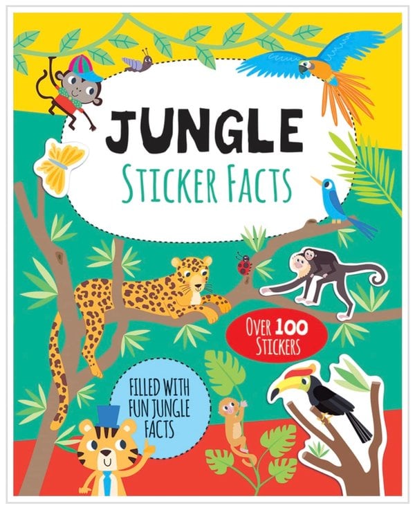 Jungle Sticker Facts book cover featuring colorful illustrated jungle animals and over 100 stickers