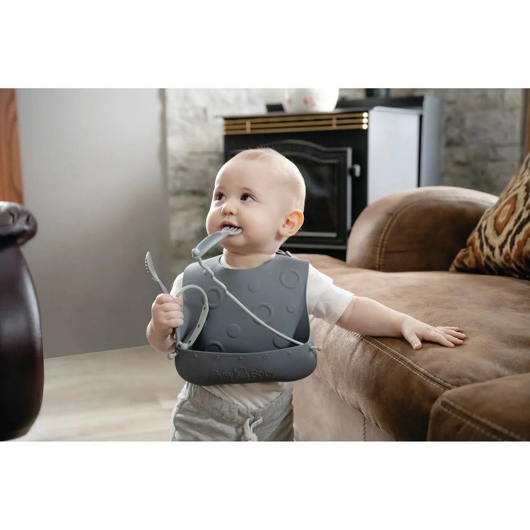Busy Baby | Bungee Bib & Utensil Set Pewter