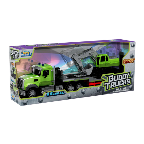 Wild Wheels Buddy Trucks Scoop and Haul 2-in-1 green excavator and flatbed truck set in box