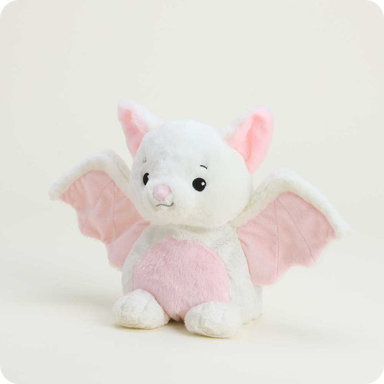 Warmies white bat stuffed animal plush with pink wings and ears on neutral background