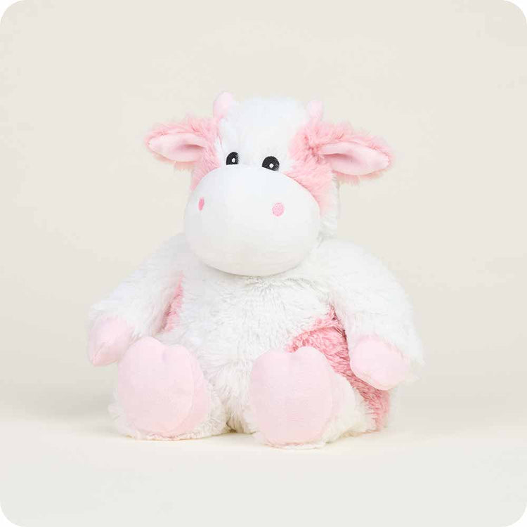 Warmies Strawberry Cow plush stuffed animal with white and pink fluffy fur