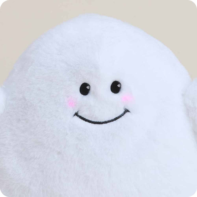White fluffy ghost stuffed animal with smiling face and pink rosy cheeks