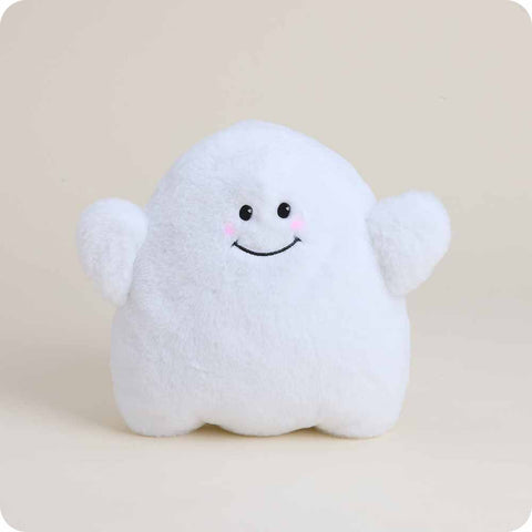White fluffy ghost plush stuffed animal with smiling face and pink rosy cheeks