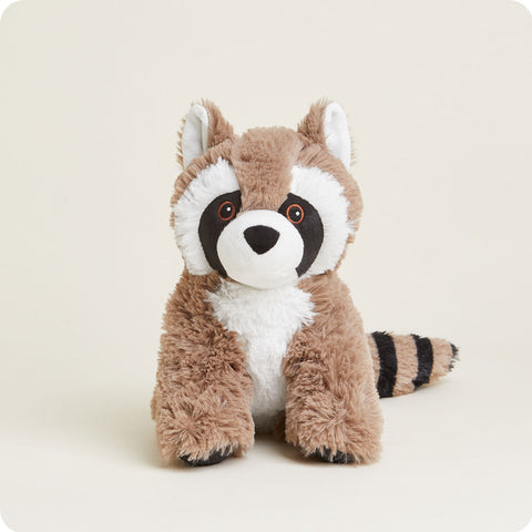 Warmies raccoon stuffed animal with striped tail and embroidered eyes, seated upright