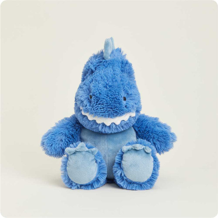 Blue fluffy T-Rex stuffed animal plush toy with white teeth and light blue accents