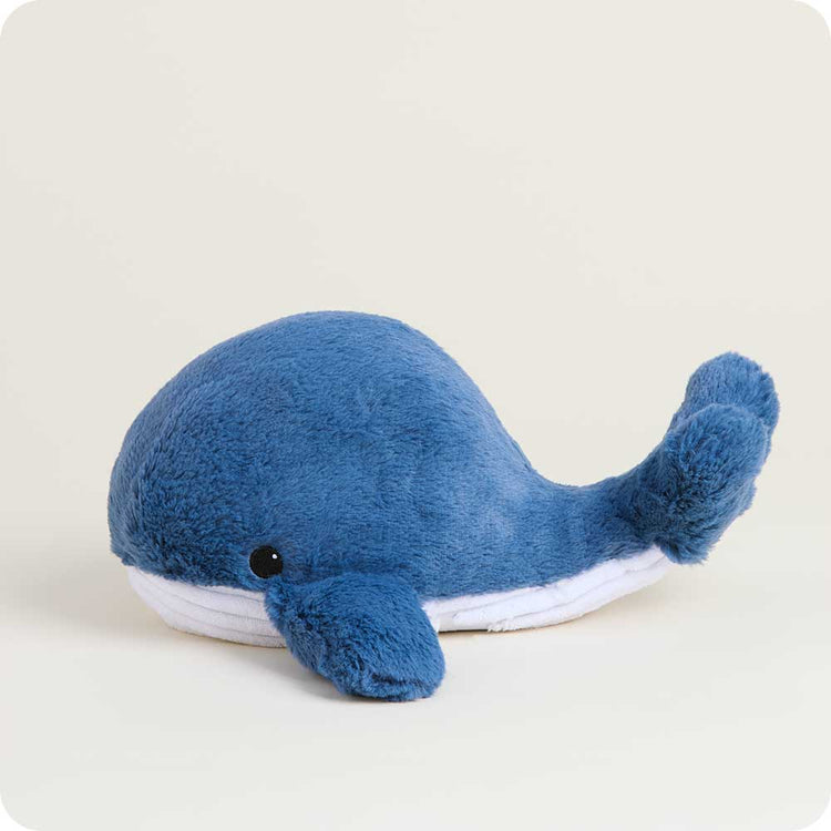 Warmies blue whale stuffed animal plush toy with white belly and fluked tail