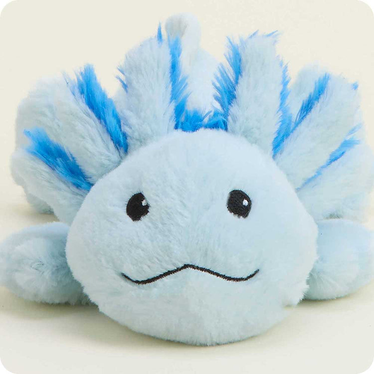 Blue axolotl plush stuffed animal with fluffy bright blue gill fronds and embroidered smile