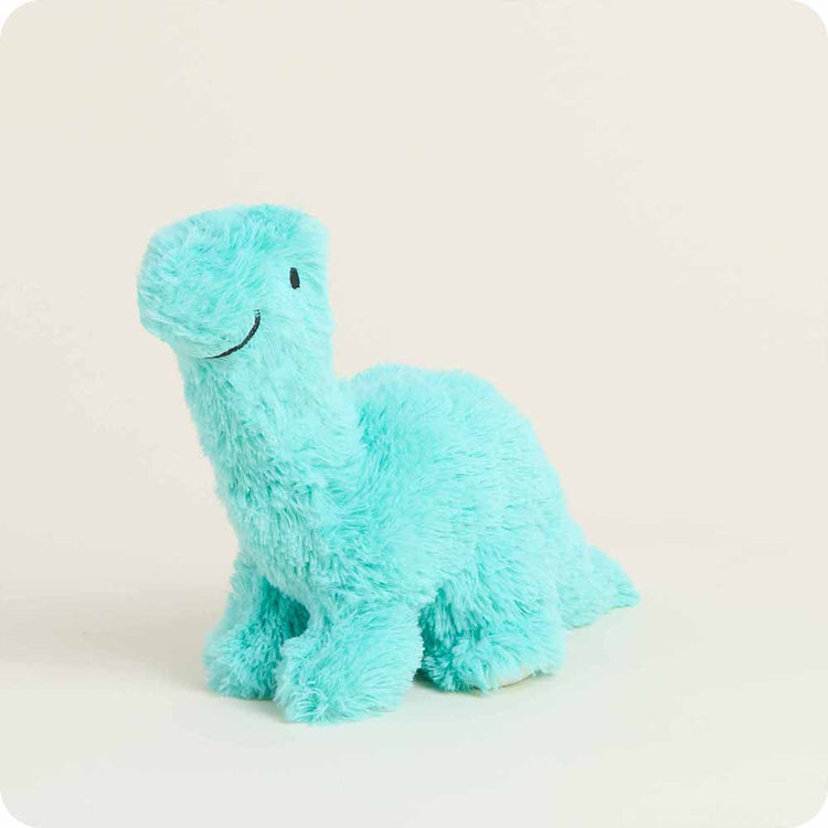Fluffy teal long neck dinosaur stuffed animal plush toy with smiling face