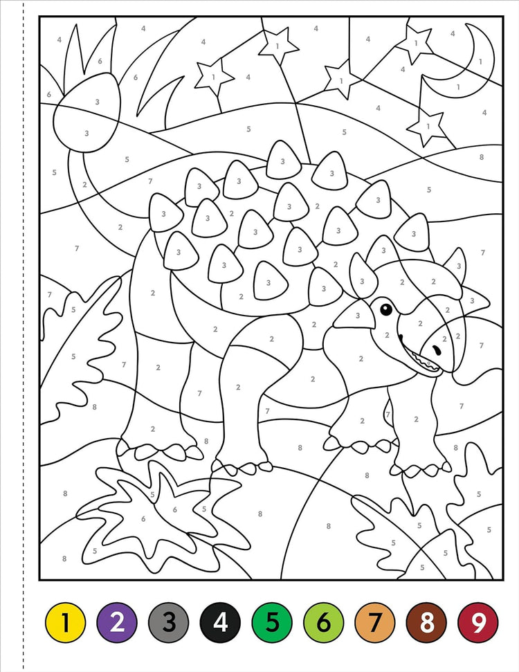 Color by number dinosaur coloring page featuring an Ankylosaurus with numbered sections and color key