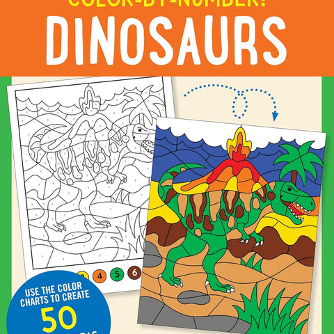 My First Color-By-Number Dinosaurs activity book cover featuring T-Rex prehistoric scenes