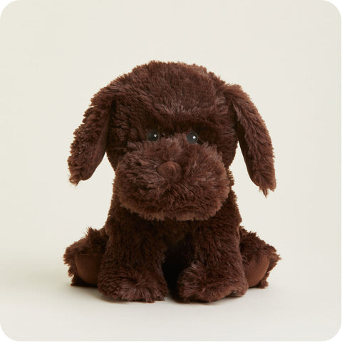 Warmies chocolate labrador stuffed animal plush toy seated on white background