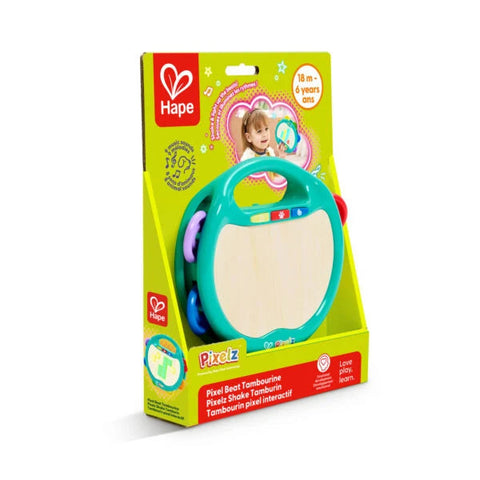 Hape Pixelz Pixel Beat Tambourine toy in teal green packaging for ages 18 months to 6 years