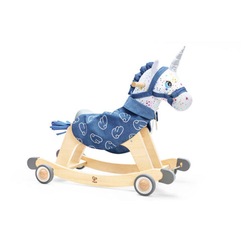 Hape Rock and Glide Unicorn ride-on toy with navy blue fabric and wooden base with wheels