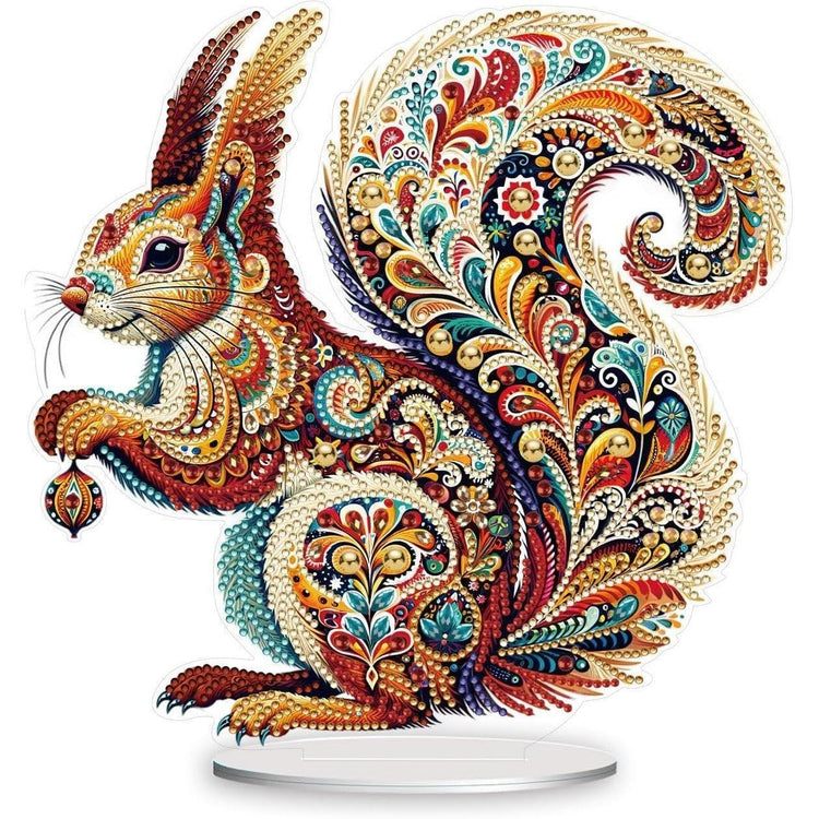 Ornate diamond painting squirrel tabletop decoration with colorful paisley floral gemstone design on clear acrylic stand