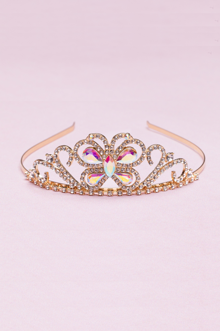 Gold princess tiara headband with iridescent butterfly crystal centerpiece and rhinestone detailing